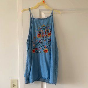 Blue spaghetti strap shirt with embroidered flower design size Large